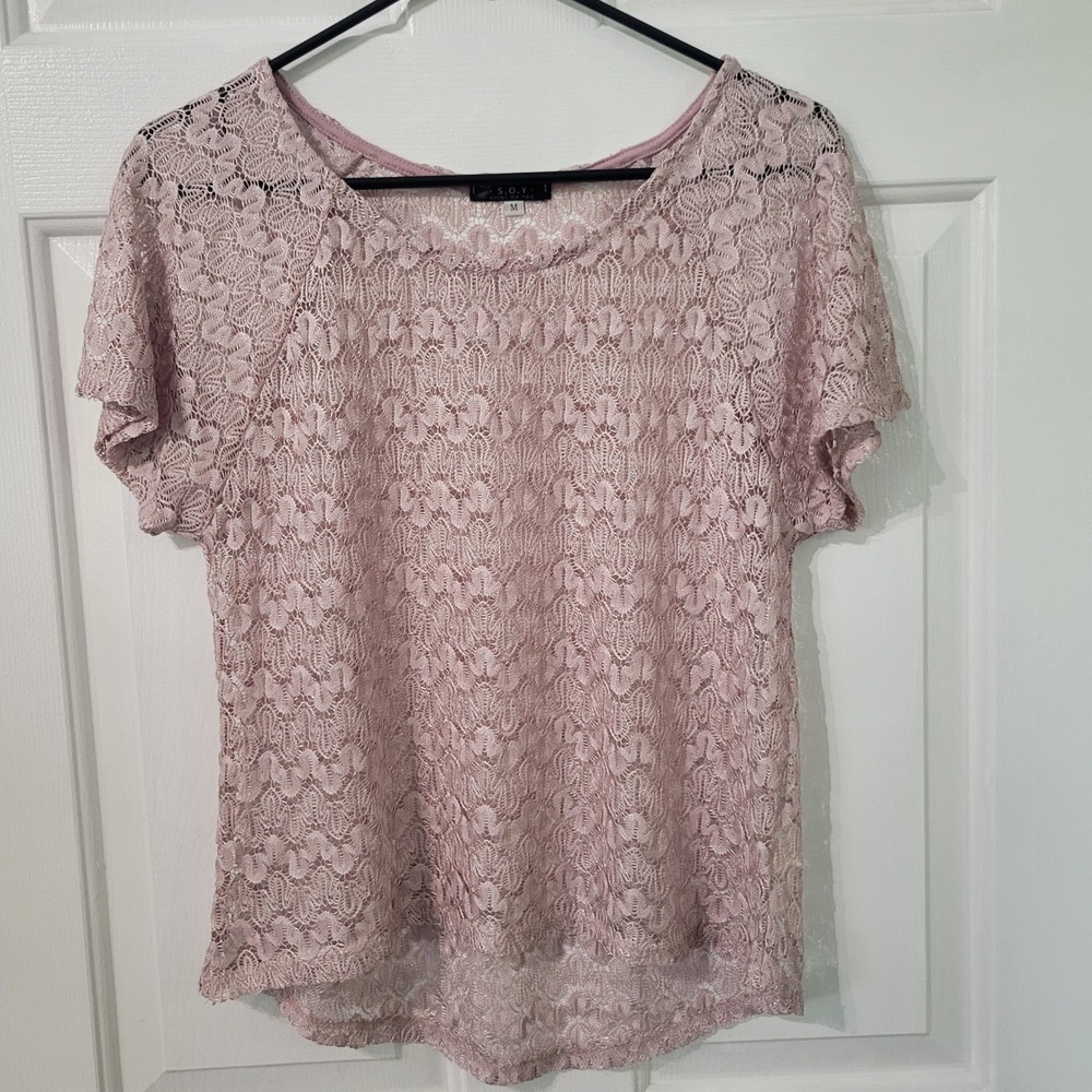 SOY Blush Pink Floral‎ Lace Top Womens M Sheer Romantic Boho Cottagecore Fairy